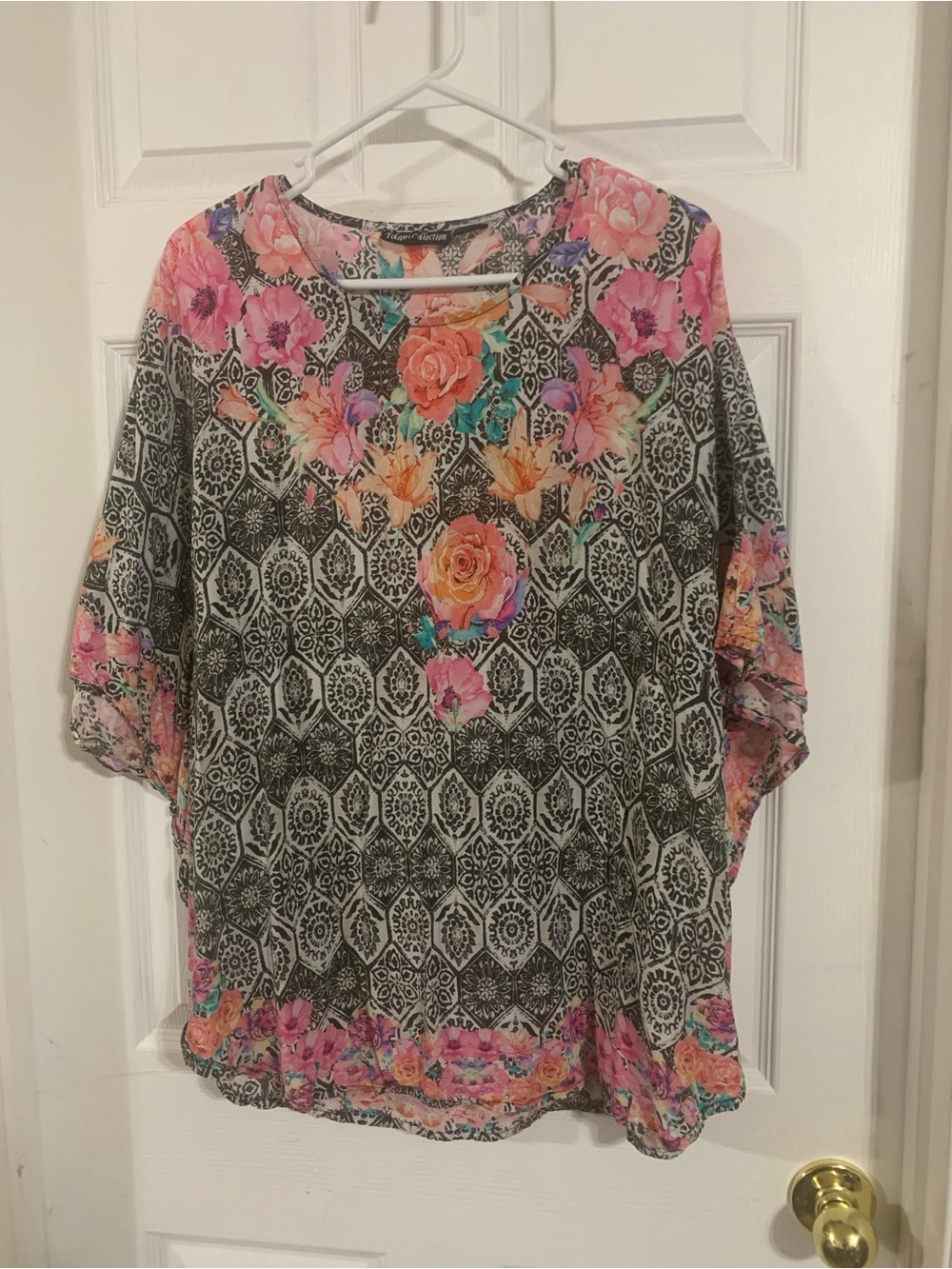 Tolani Black Geometric Tunic with Pink & Coral Floral Print